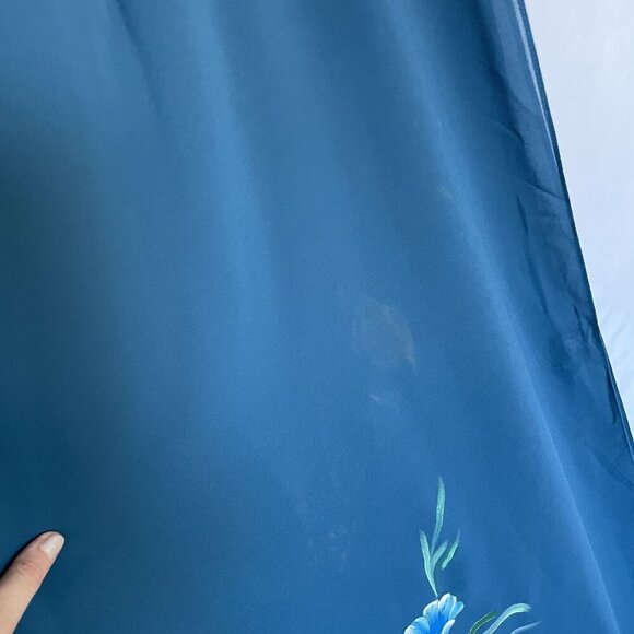 Vintage Teal Maxi Dress With Floral Hand-Painted Design & Long Sleeves high slit - Picture 10 of 10